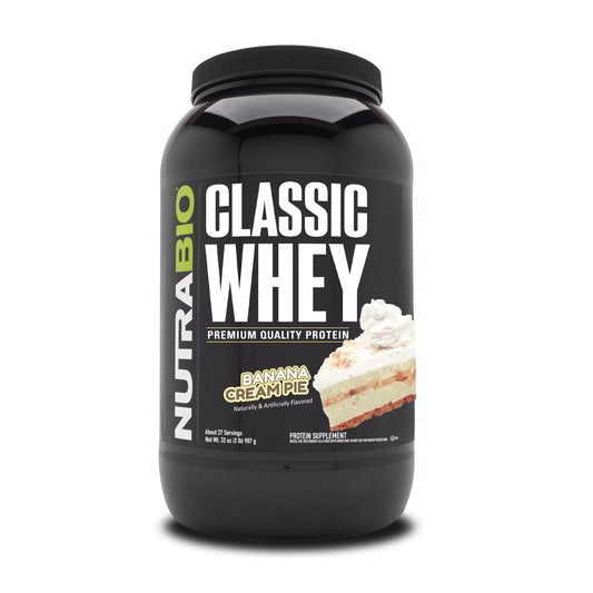 NutraBio Classic Whey Banana Cream Pie tub shows packaging with a protein-rich formula.