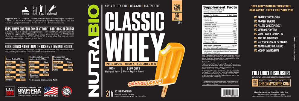 NutraBio Classic Whey BCAAs visual emphasis on protein support.