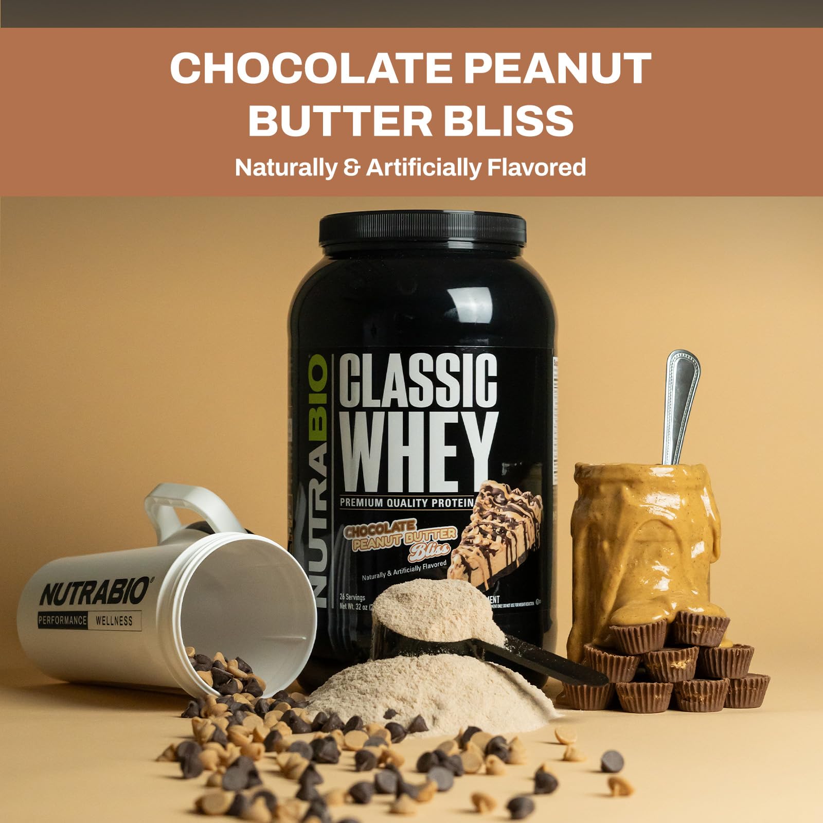NutraBio Classic Whey scoop illustrates precise serving size for protein intake.