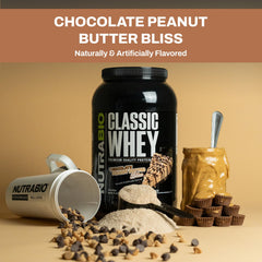 NutraBio Classic Whey scoop illustrates precise serving size for protein intake.
