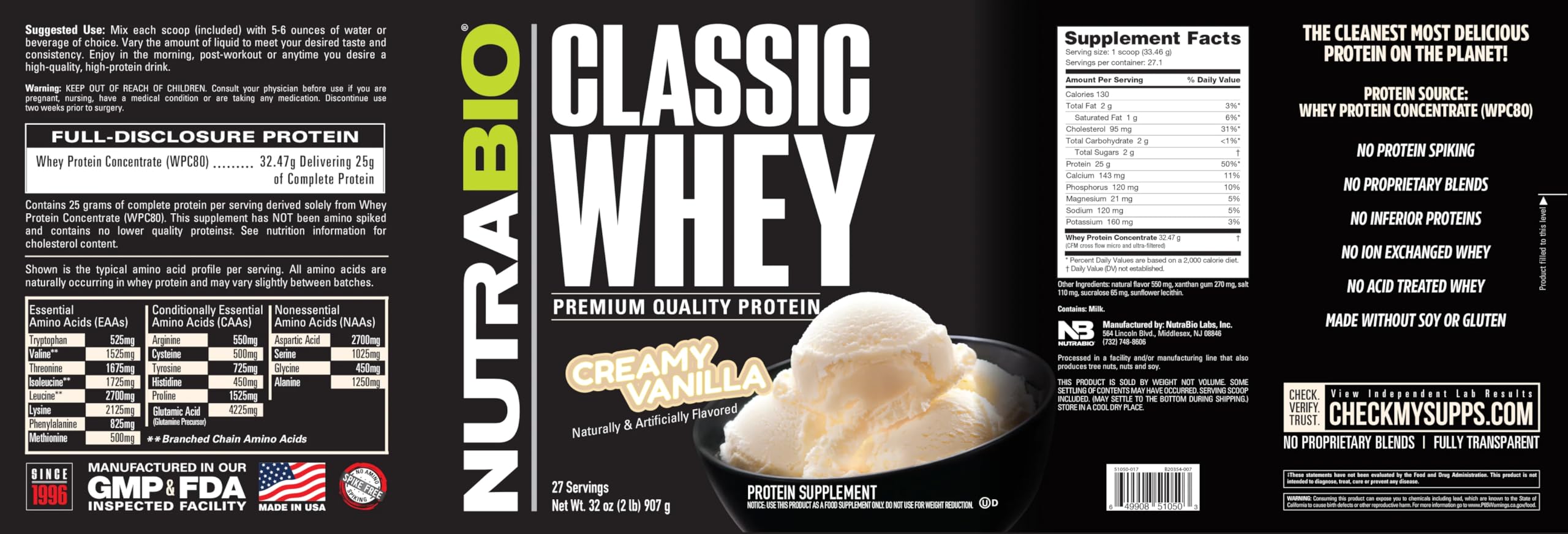 NutraBio Classic Whey nutrition facts panel highlights 25 g protein per scoop
