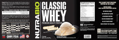 NutraBio Classic Whey nutrition facts panel highlights 25 g protein per scoop