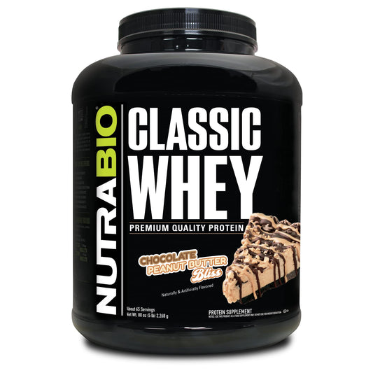 NutraBio Classic Whey Powder chocolate peanut butter 5lb — smooth protein for recovery.