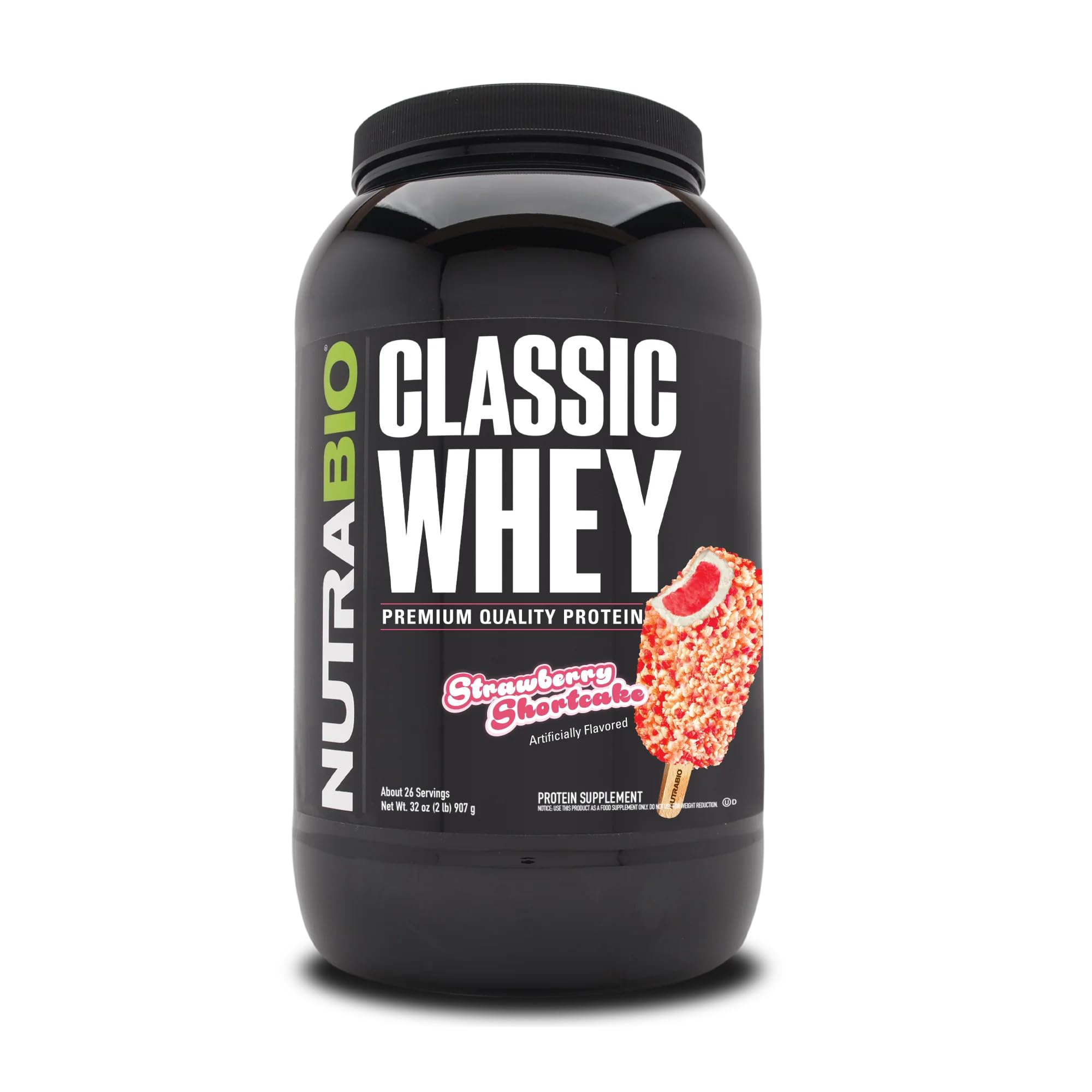 NutraBio Classic Whey bottle label shows 25 g protein per serving for lean support.