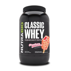NutraBio Classic Whey bottle label shows 25 g protein per serving for lean support.