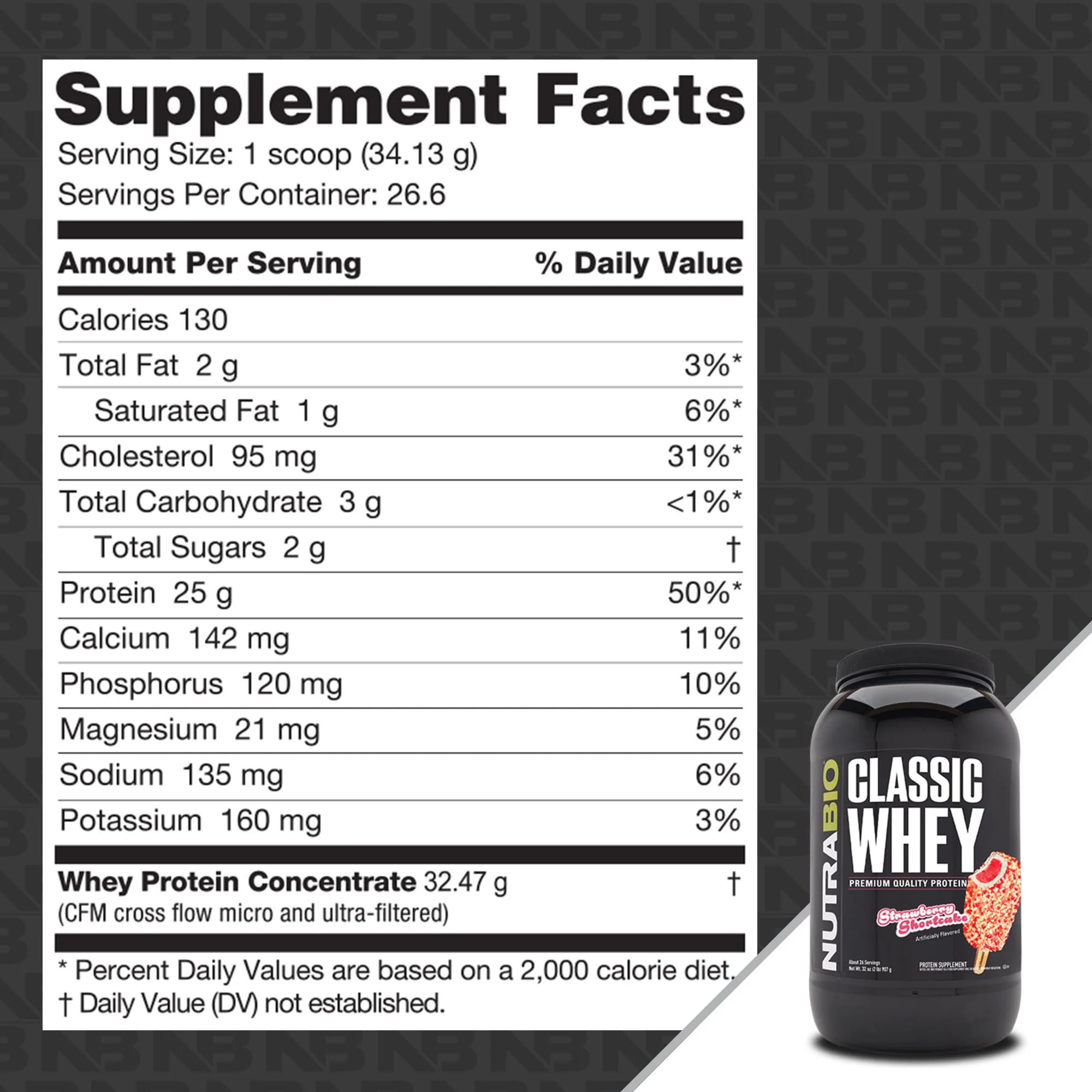 NutraBio Classic Whey nutrition facts highlight amino acid profile.