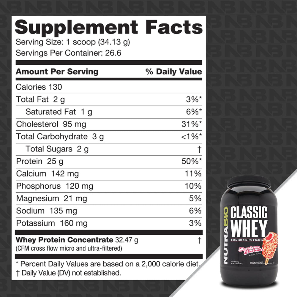 NutraBio Classic Whey nutrition facts highlight amino acid profile.