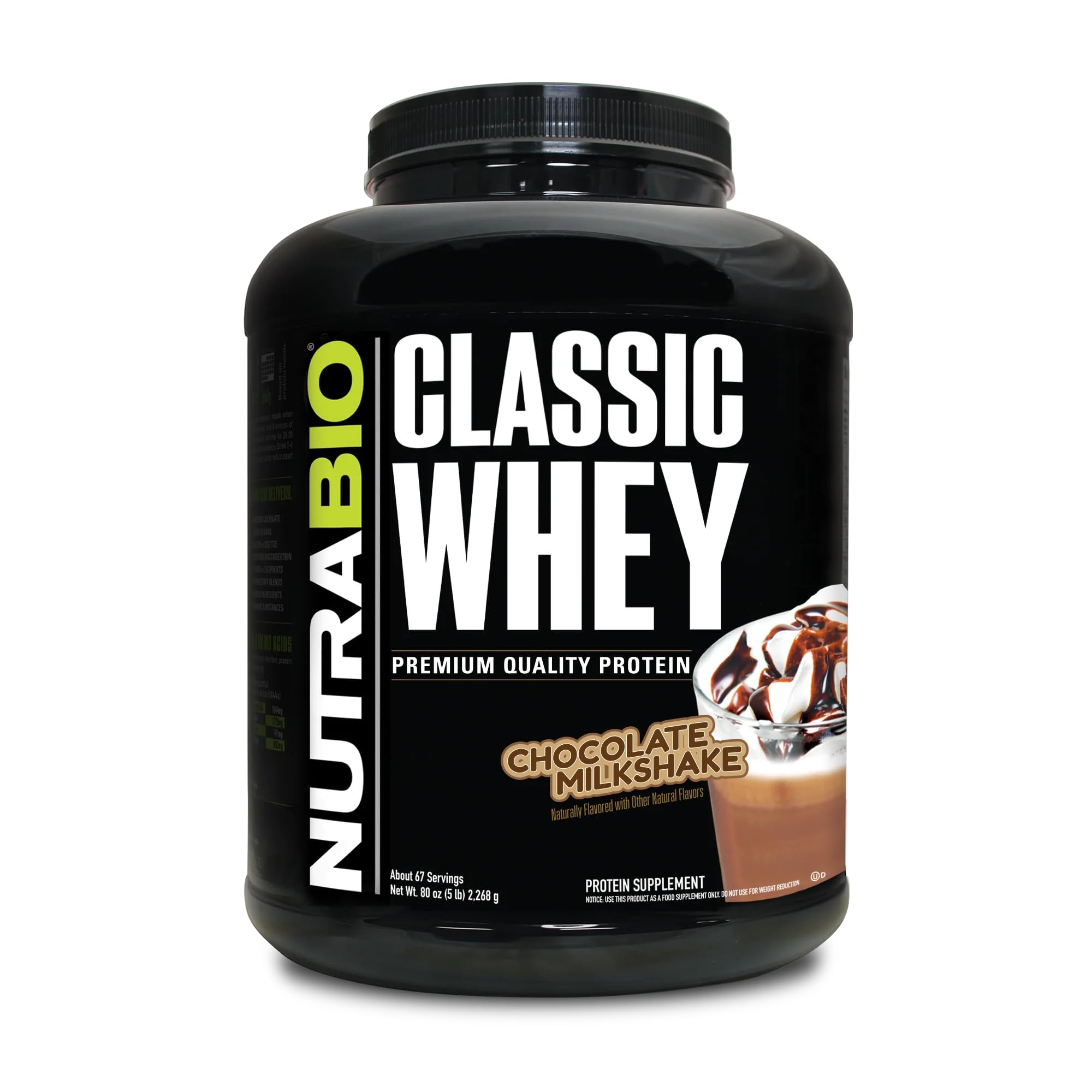 NutraBio Classic Whey Protein Powder chocolate-milkshake 5 lb, ideal post-workout recovery.