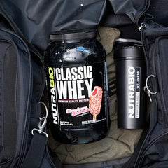 NutraBio Classic Whey shake glass demonstrates quick, smooth mix.