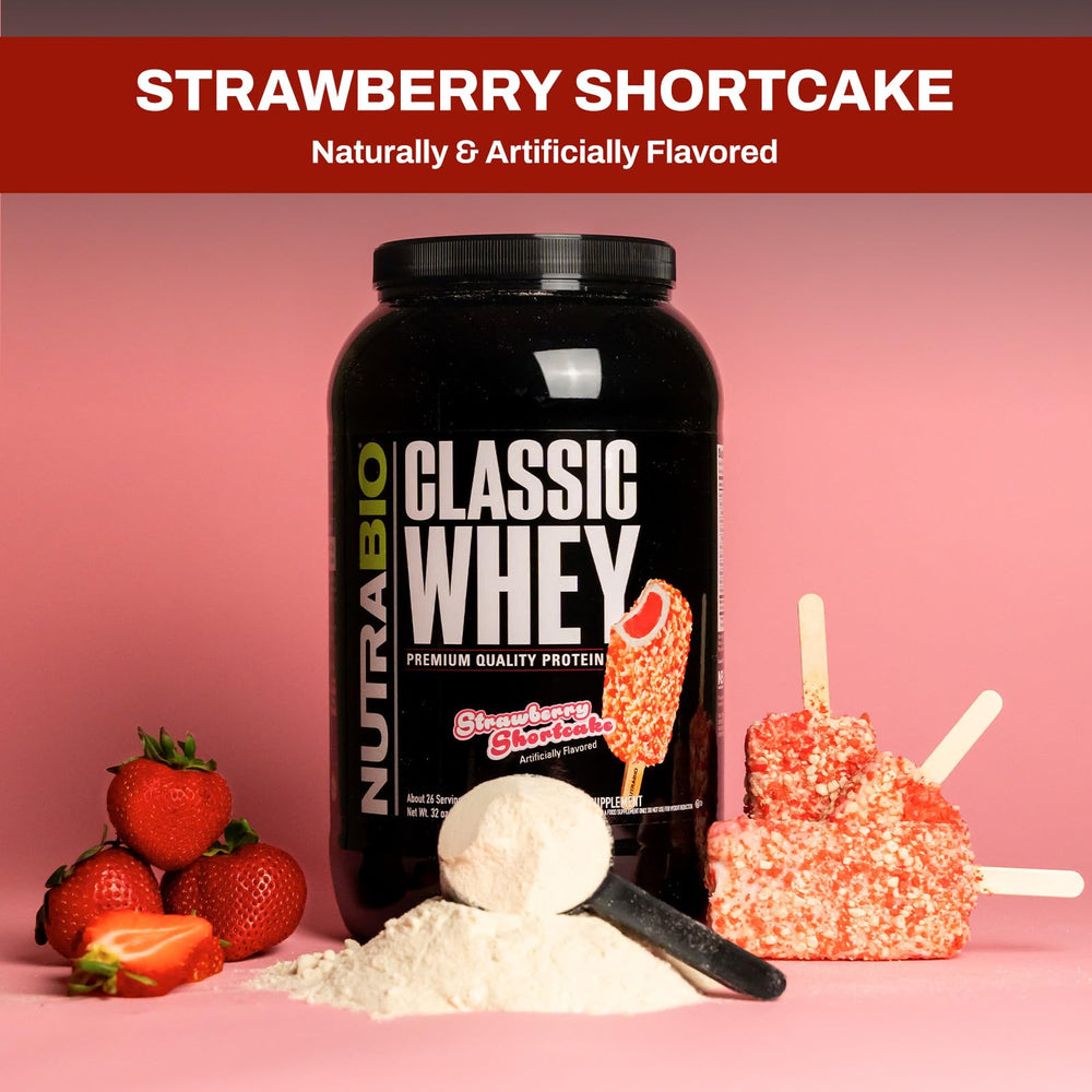 NutraBio Classic Whey strawberry shortcake pack highlights flavor and protein.