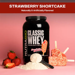 NutraBio Classic Whey strawberry shortcake pack highlights flavor and protein.