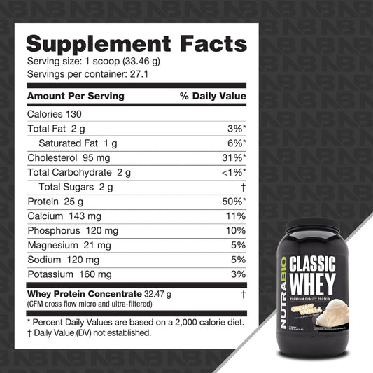 NutraBio Classic Whey scoop pouring into glass for quick mix