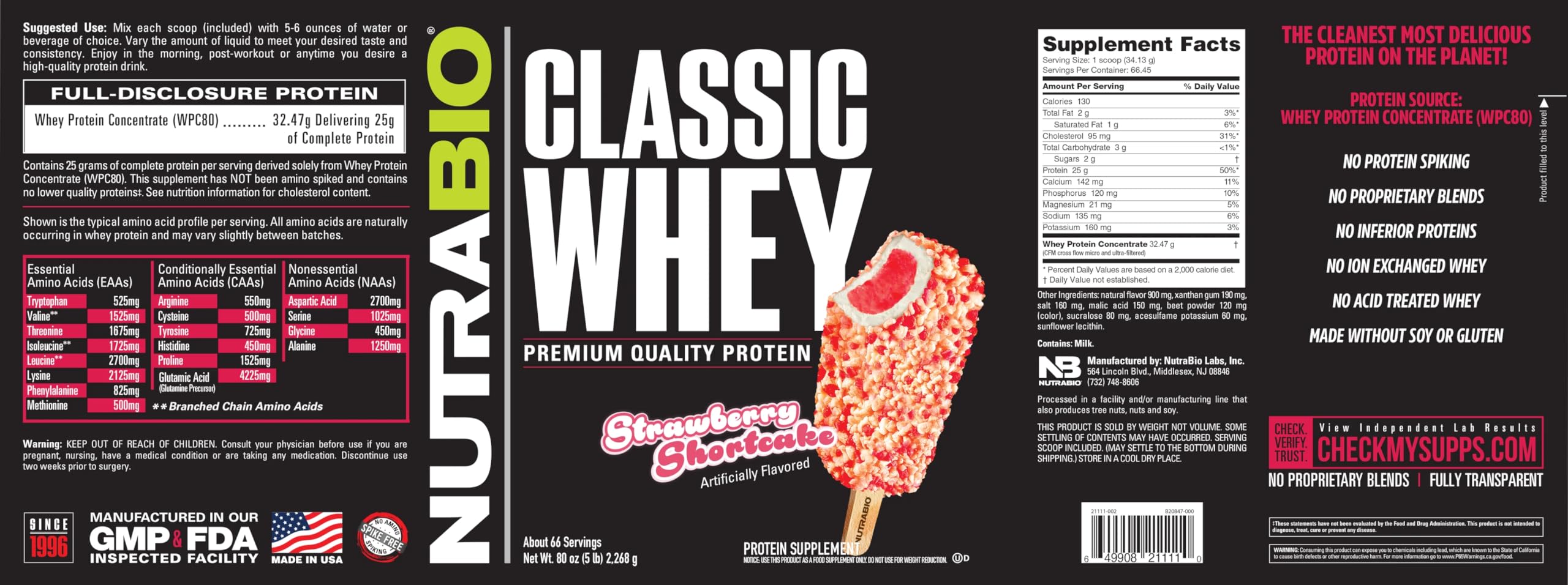 NutraBio Classic Whey strawberry shortcake tub displays flavor variety
