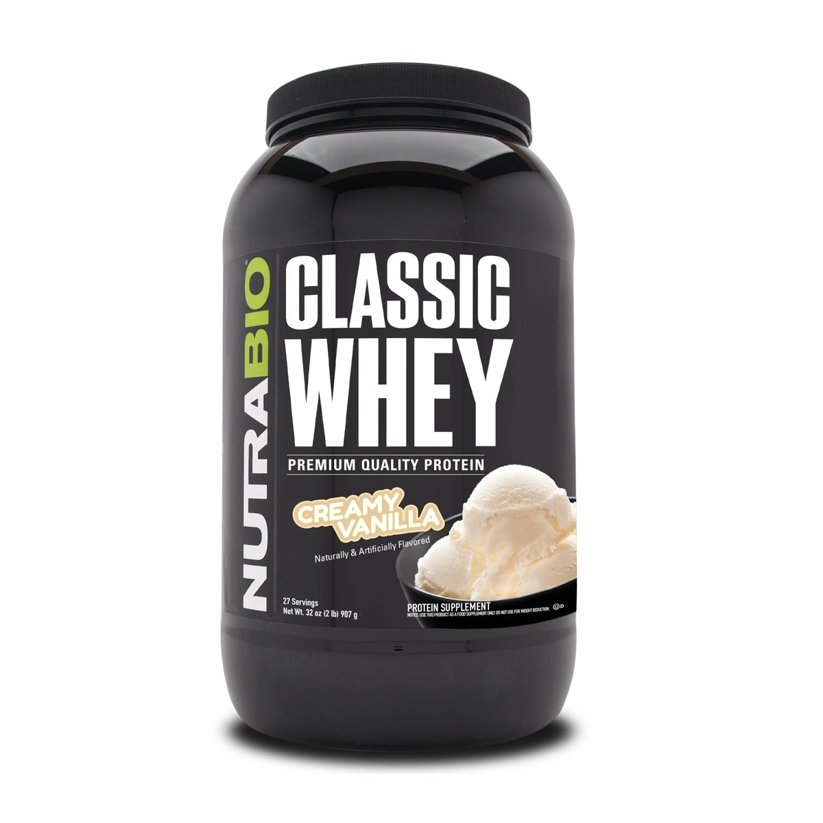 NutraBio Classic Whey Vanilla tub with creamy shake appeal for daily shakes