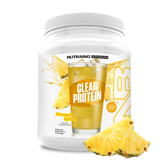 NutraBio Clear Protein Pineapple Splash bottle shows refreshing, zero sugar protein