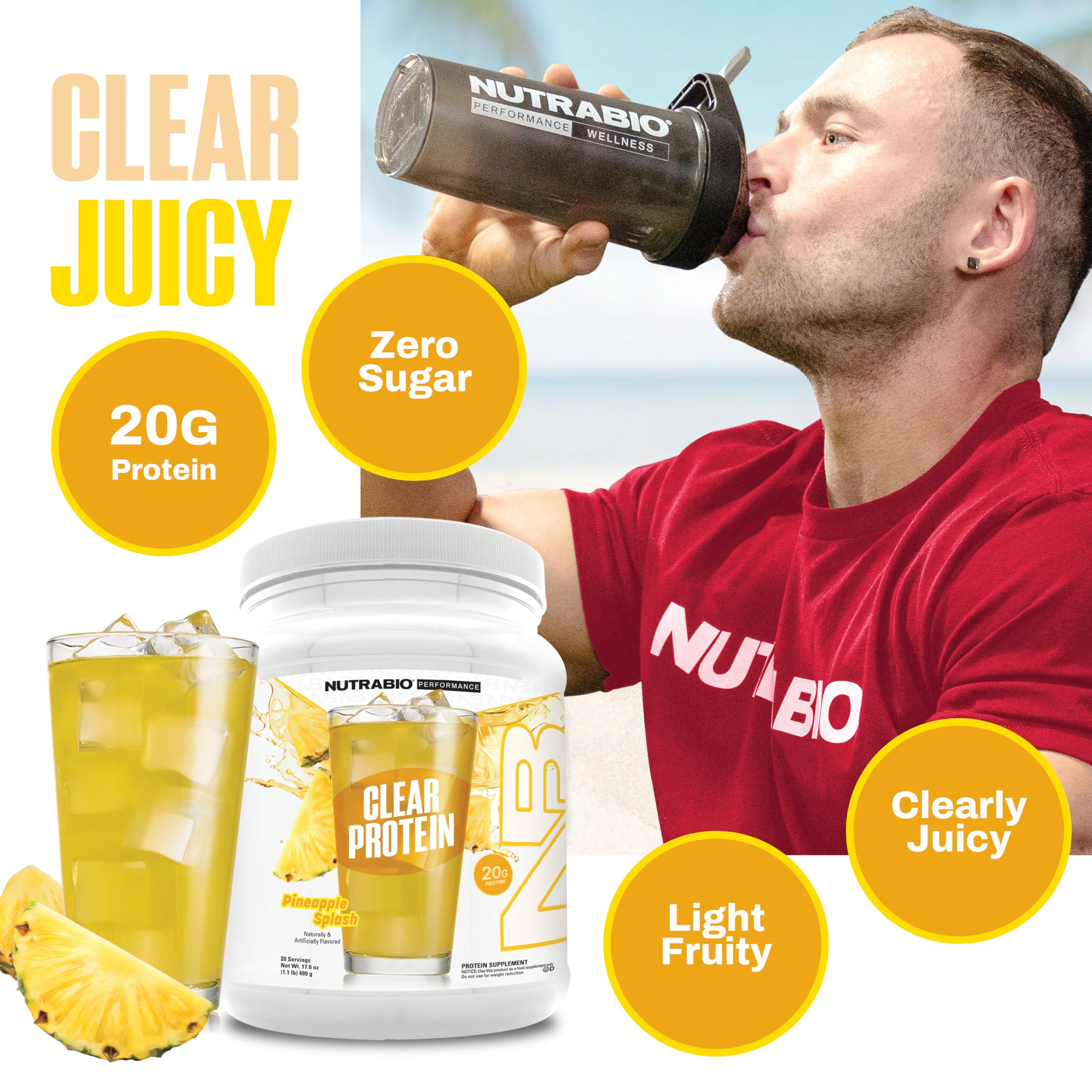 NutraBio Clear Protein Pineapple Splash shaker ready for quick mix
