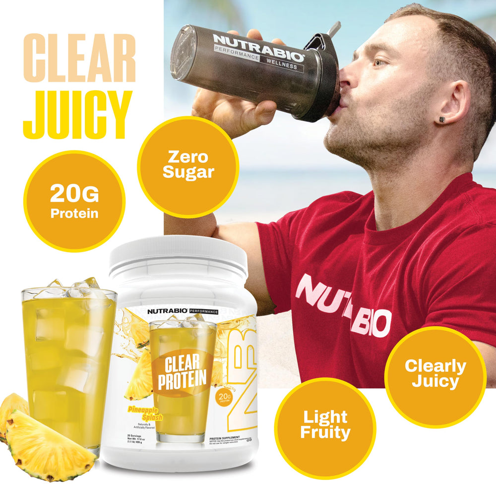 NutraBio Clear Protein Pineapple Splash shaker ready for quick mix