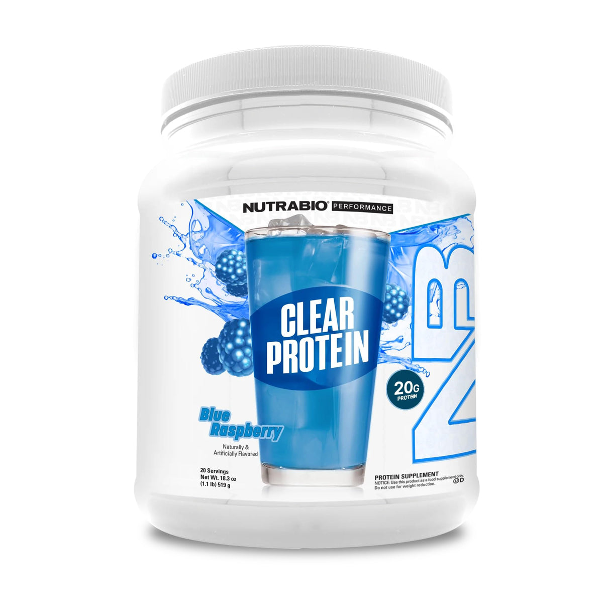 NutraBio Clear Whey Blue Raspberry bottle, refreshing protein option for workouts.