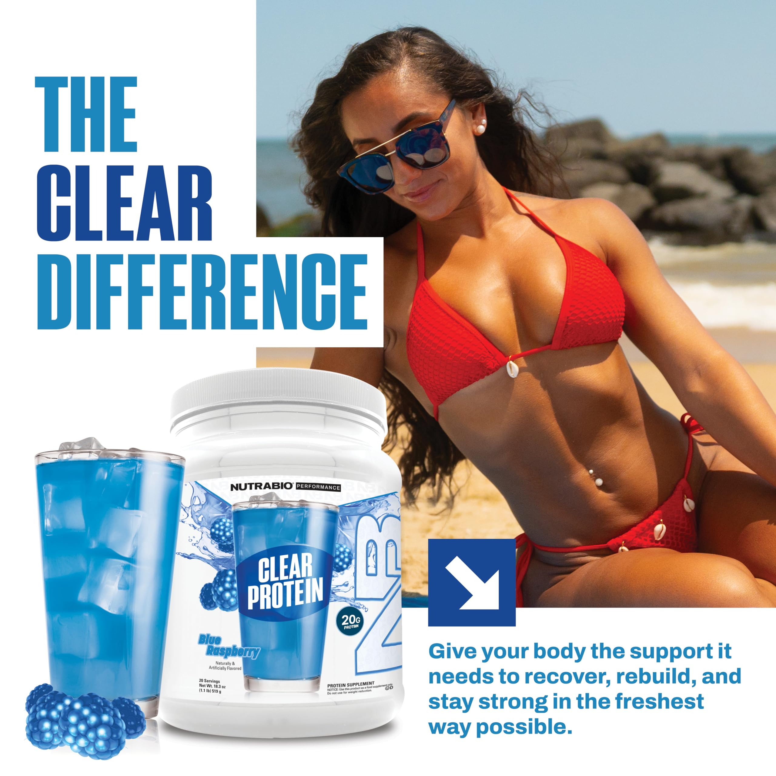 Blue Raspberry NutraBio Clear Whey shake poured into glass, foaming-free.