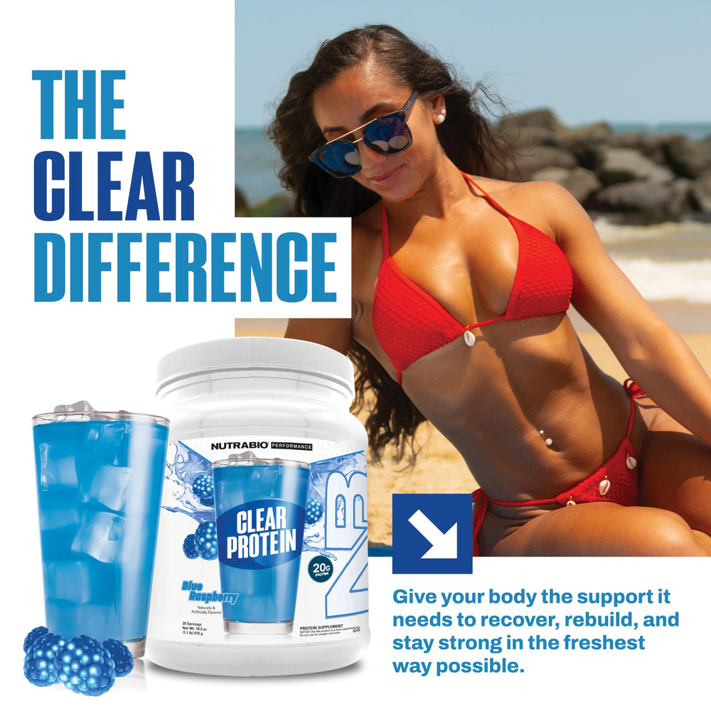 Blue Raspberry NutraBio Clear Whey shake poured into glass, foaming-free.
