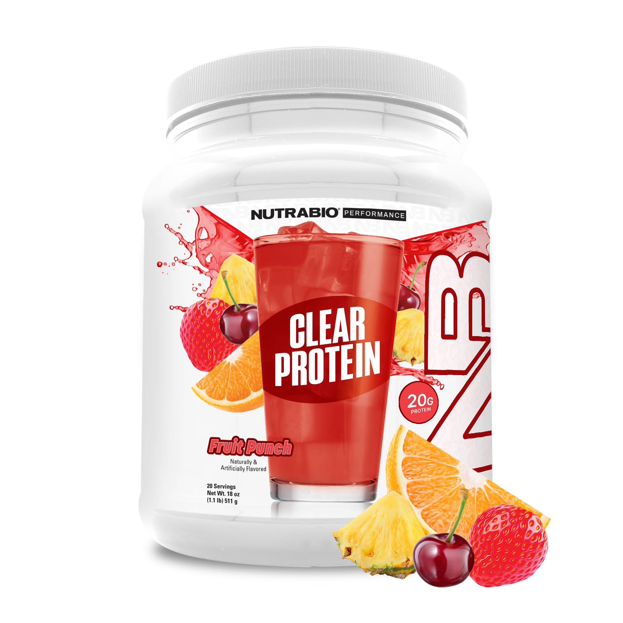 NutraBio Clear Whey Iso fruit punch powder ready to mix for post-workout refreshment