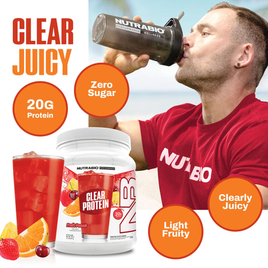 NutraBio Clear Whey Iso fruit punch shaker showing foam-free mix