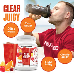 NutraBio Clear Whey Iso fruit punch shaker showing foam-free mix