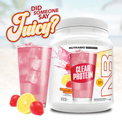 Closeup of NutraBio Clear label shows clarity and shaker-ready packaging.