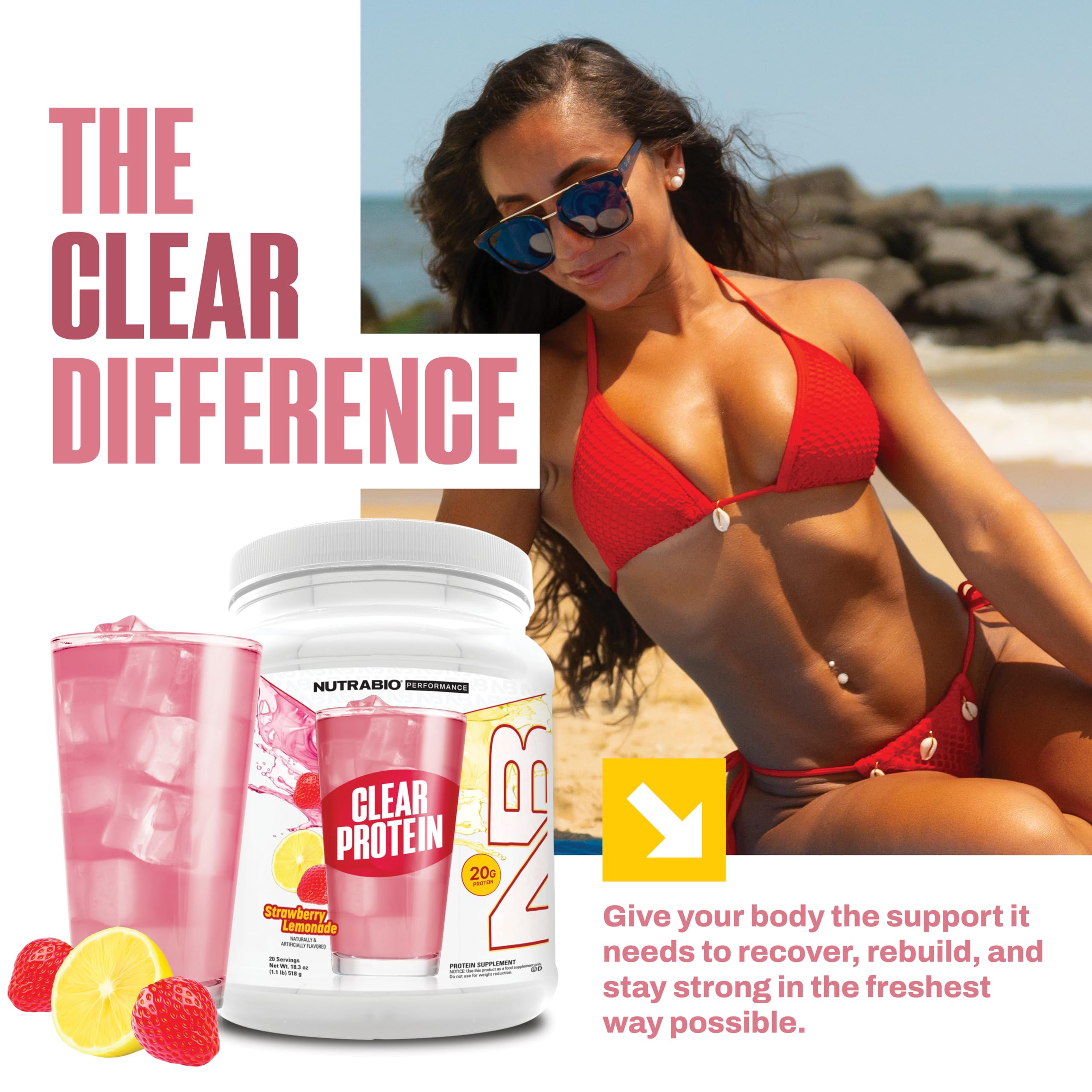 Glass of NutraBio Clear Whey Strawberry Lemonade ready for a crisp, fruity sip.