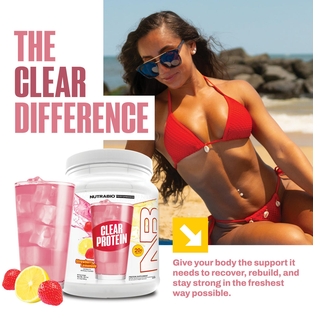 Glass of NutraBio Clear Whey Strawberry Lemonade ready for a crisp, fruity sip.