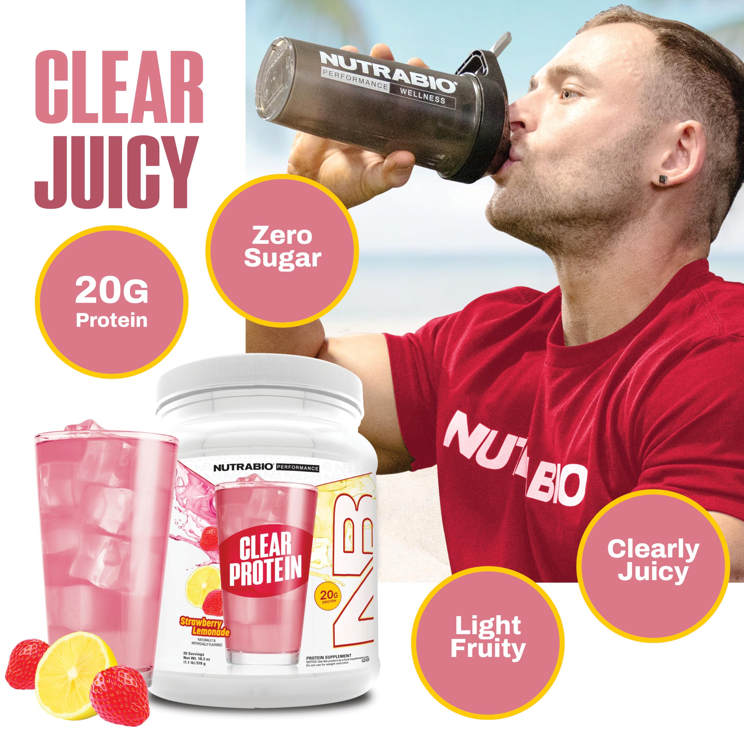 NutraBio Clear Whey Powder Pack shown for quick, lean protein intake on the go.