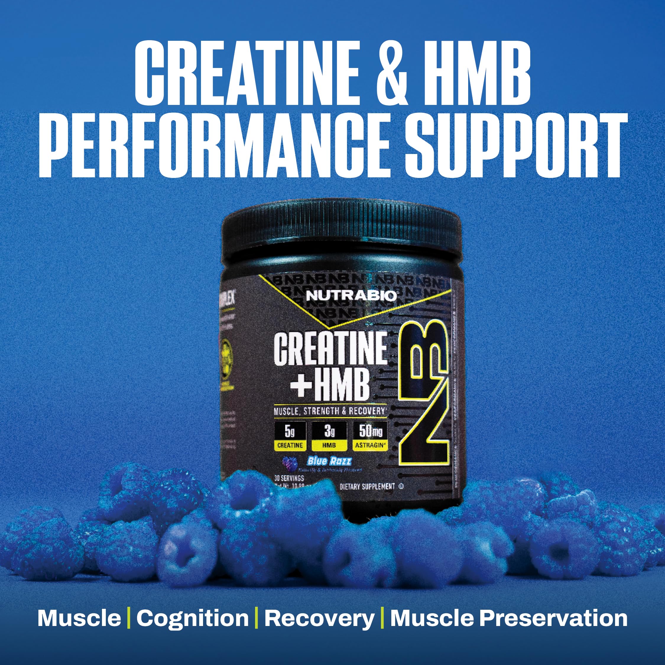 NutraBio Creatine + HMB barbell scene showcasing performance potential.