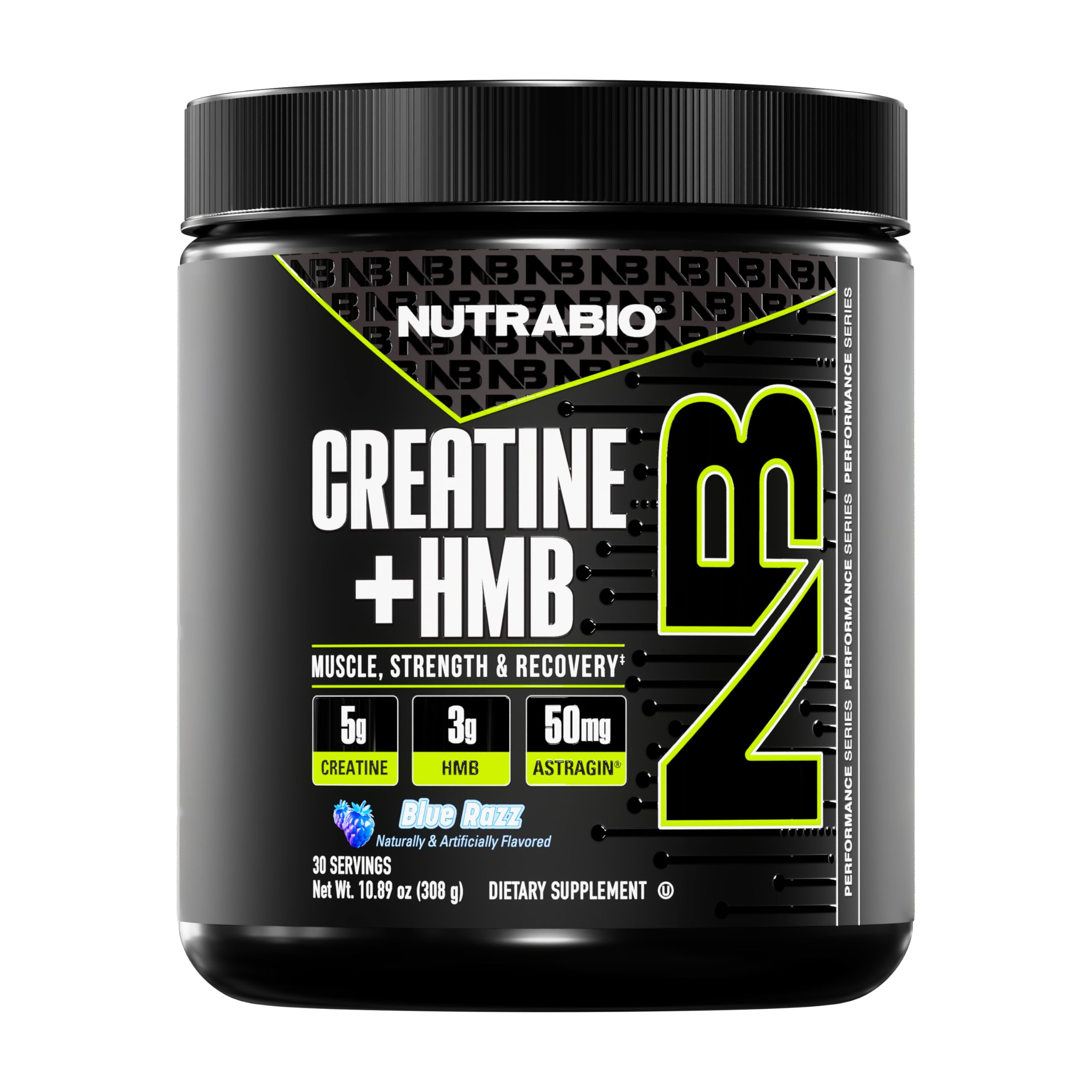 NutraBio Creatine + HMB blue razz bottle front highlights the supplement for muscle support.
