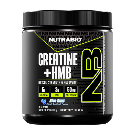 NutraBio Creatine + HMB blue razz bottle front highlights the supplement for muscle support.