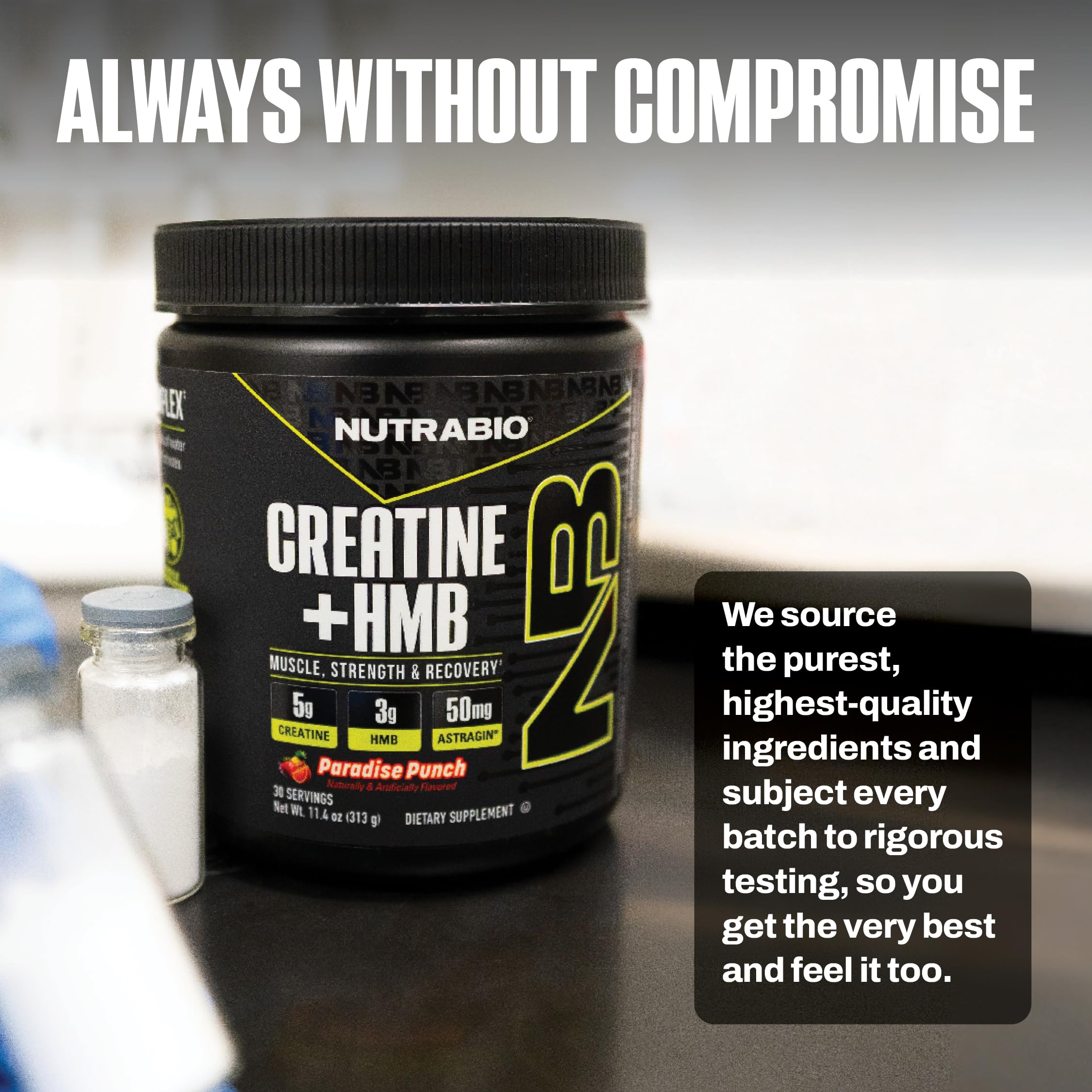 NutraBio Creatine + HMB powder in a blender bottle after training.