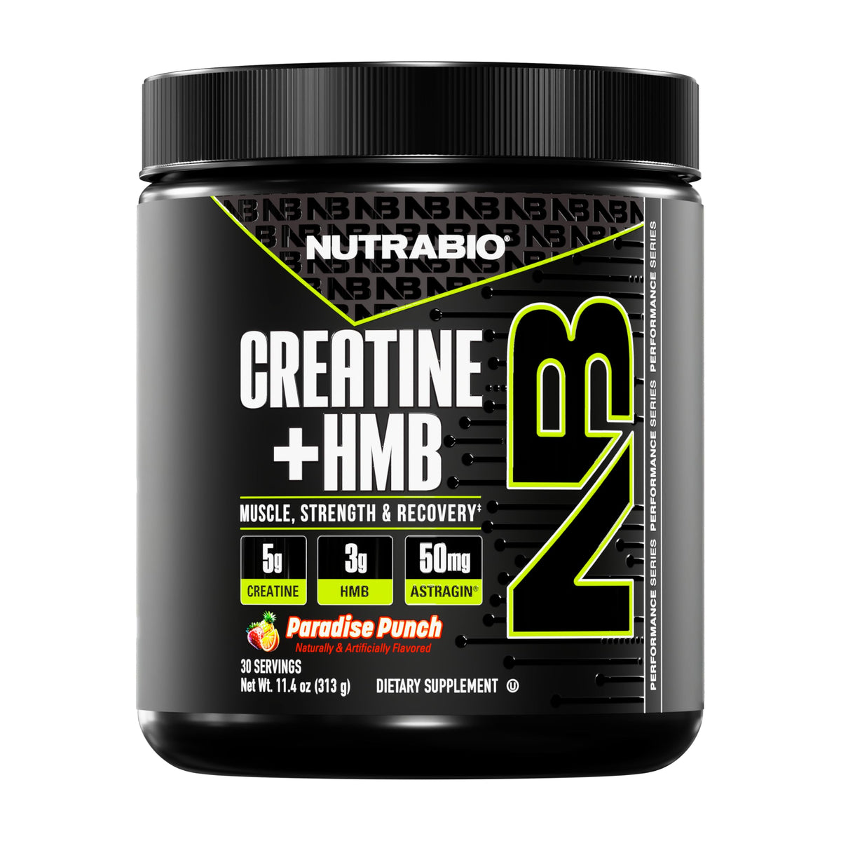 NutraBio Creatine + HMB bottle with label signaling quality for gym goals.