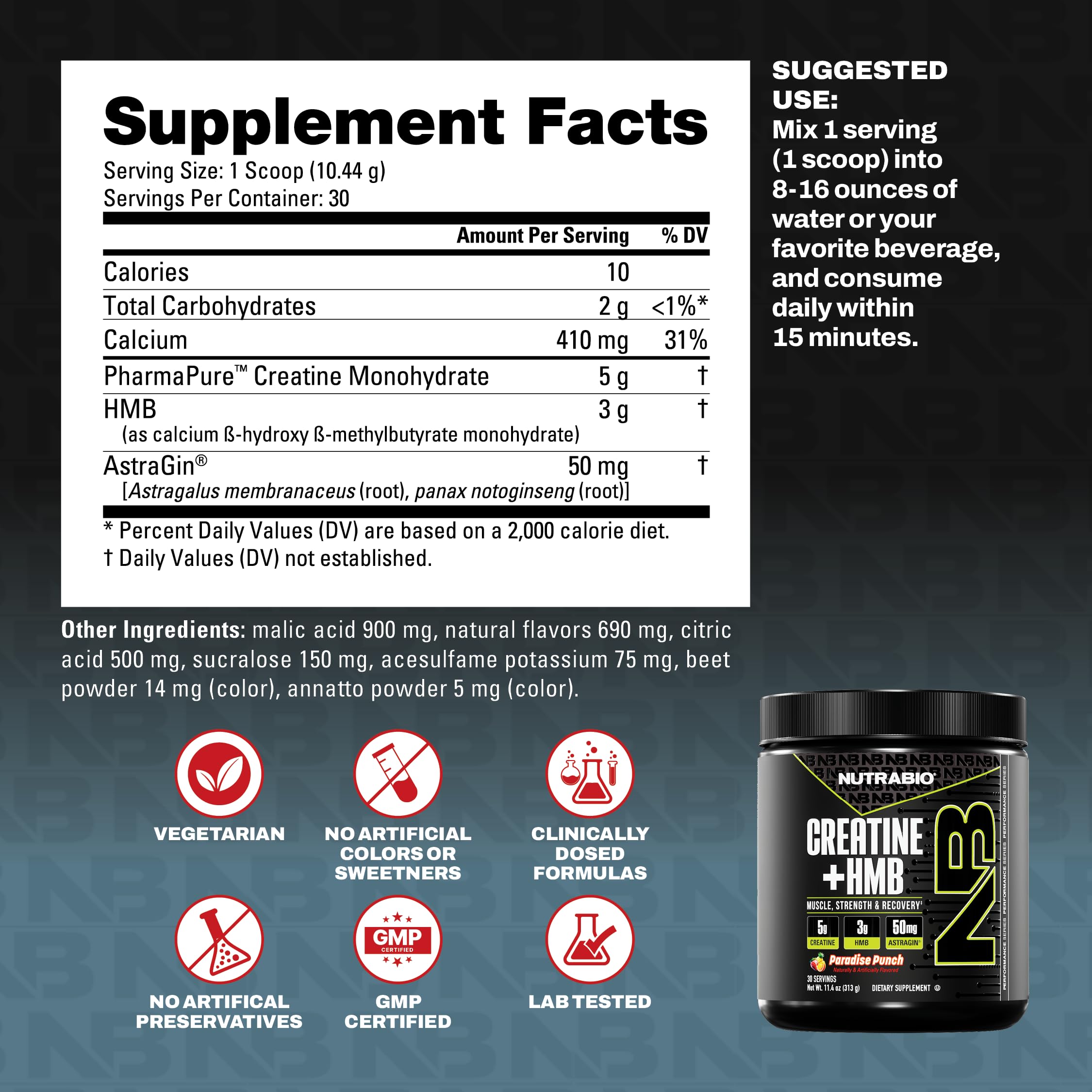 NutraBio Creatine + HMB powder poured into a glass during a workout.