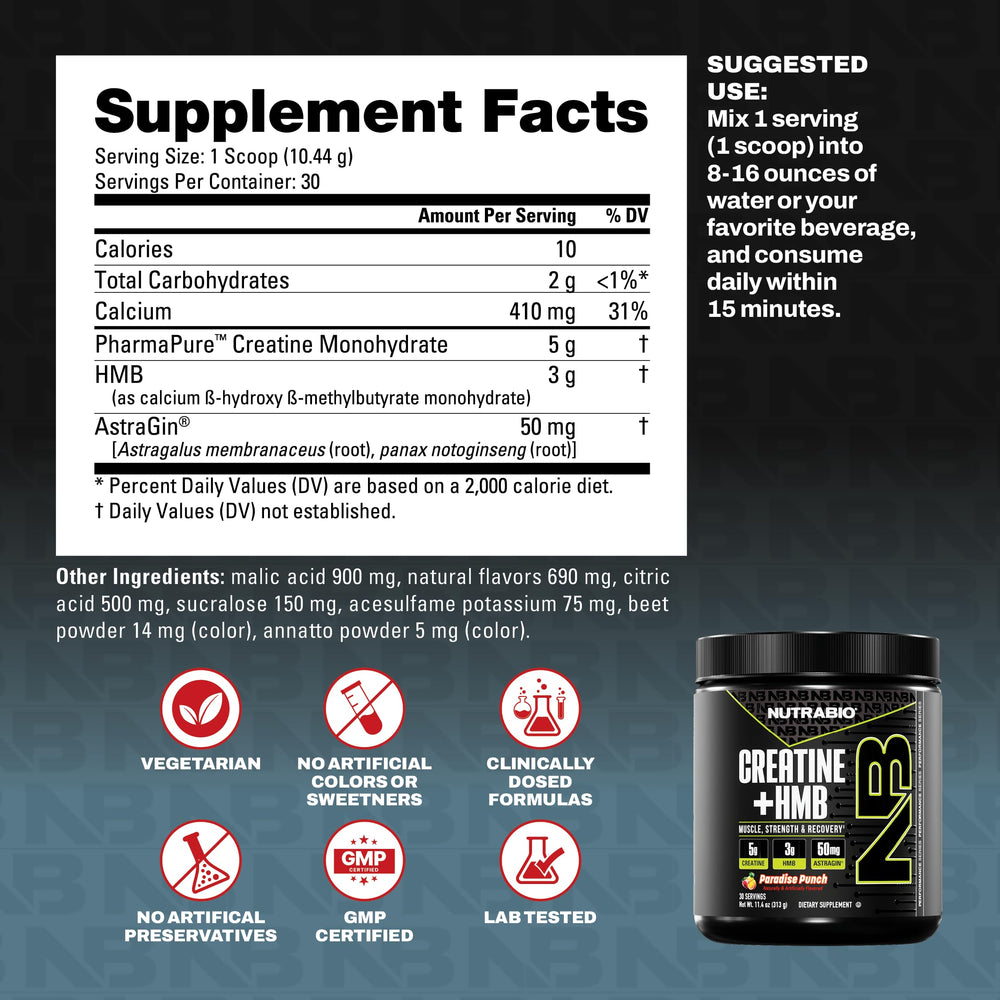 NutraBio Creatine + HMB powder poured into a glass during a workout.