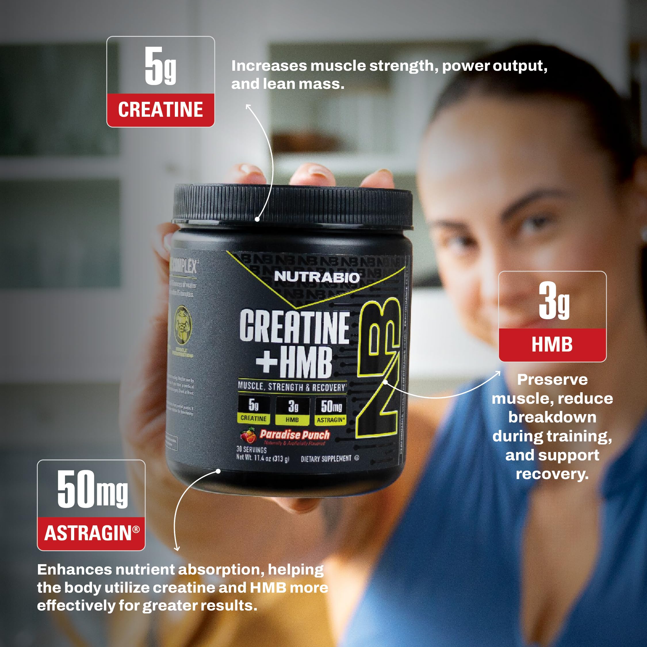 NutraBio Creatine + HMB bottle in gym bag for daily use.