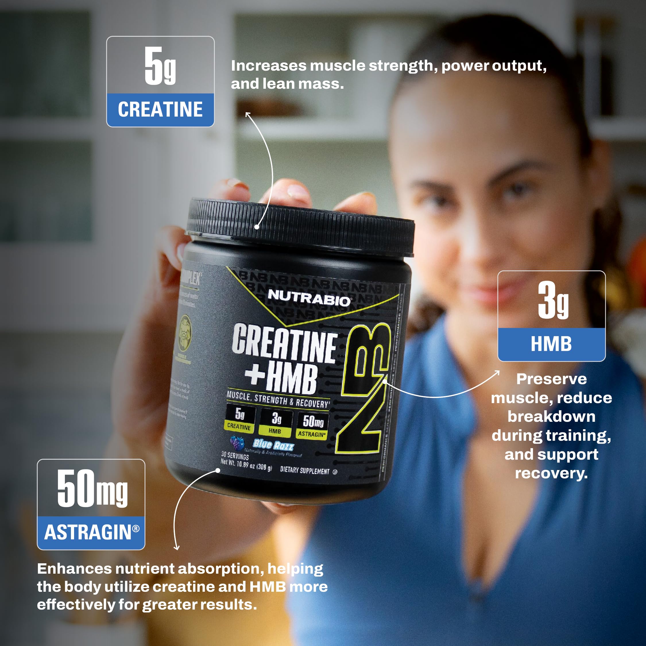 NutraBio Creatine + HMB powder in gym bag ready for training.