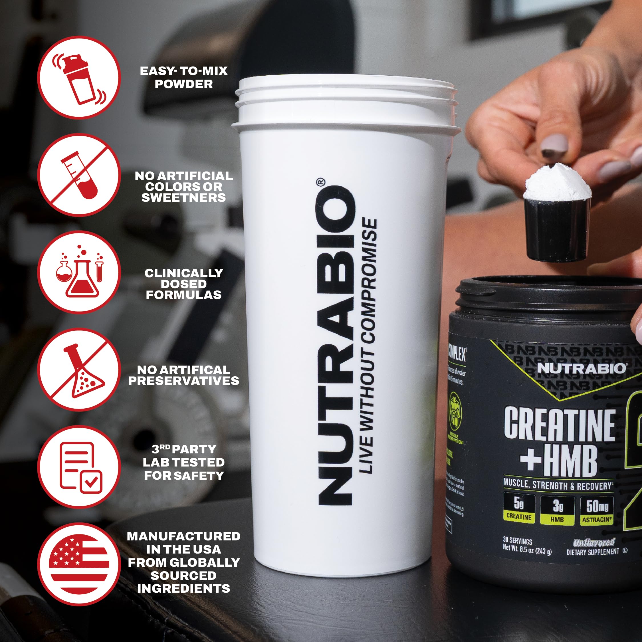 NutraBio Creatine + HMB label close-up highlighting AstraGin for absorption.