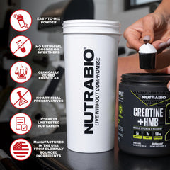 NutraBio Creatine + HMB label close-up highlighting AstraGin for absorption.