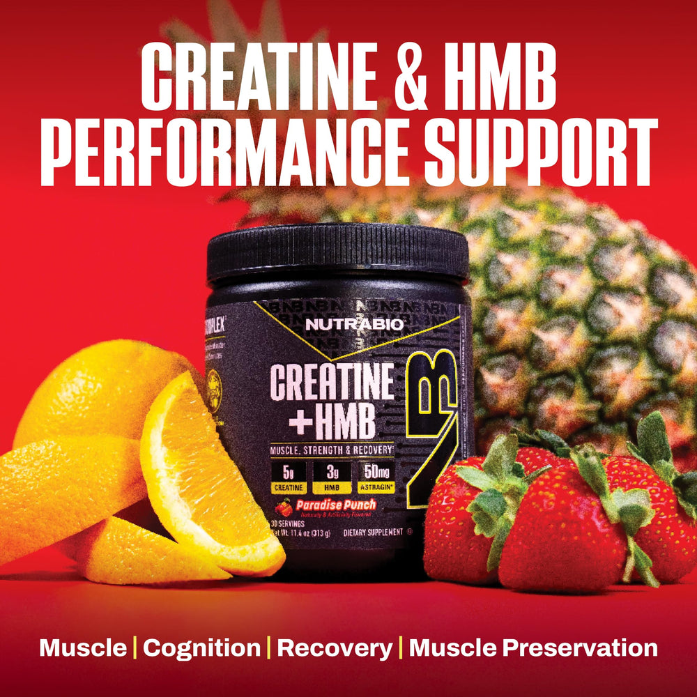 NutraBio Creatine + HMB packaging front highlighting 30 servings.