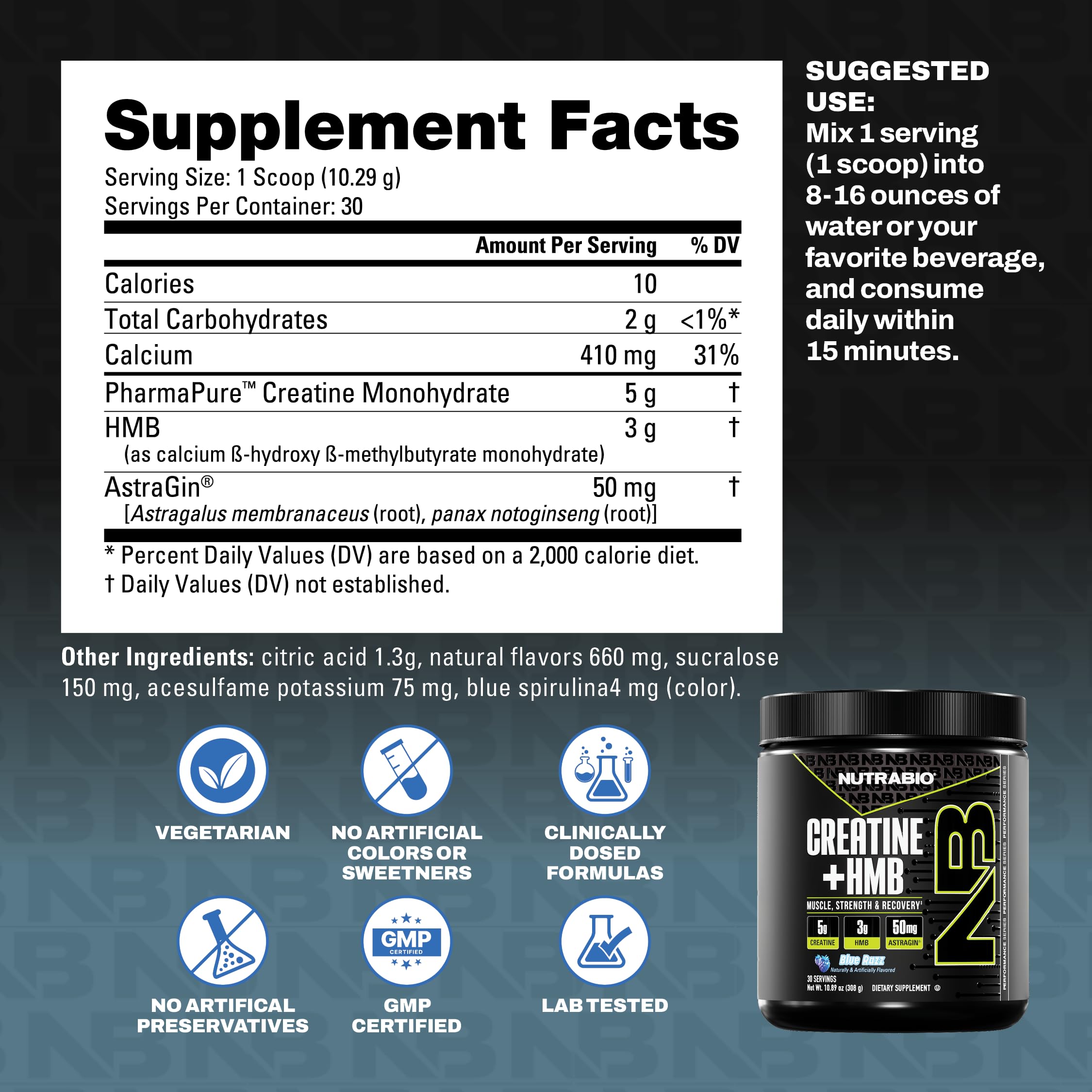 NutraBio Creatine + HMB powder in a shaker bottle for post-workout recovery.