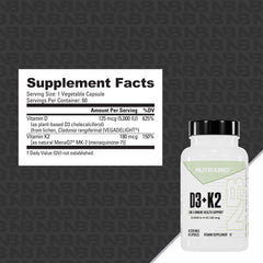 NutraBio D3 K2 bottle being poured suggests convenient daily supplementation.