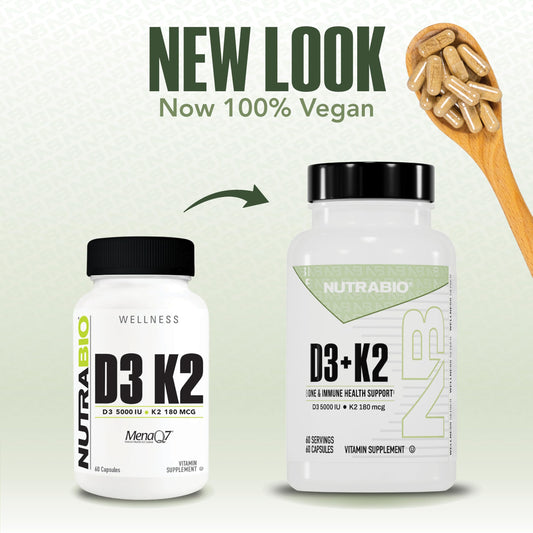 NutraBio D3 K2 capsules highlight non-GMO, gluten-free, lactose-free formulation.