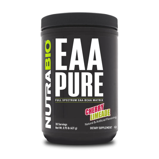 NutraBio EAA Pure bottle close-up, highlighting amino acid blend for recovery