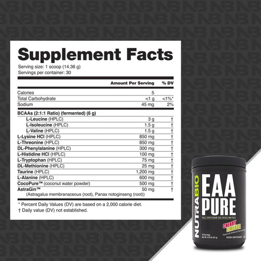 NutraBio EAA Pure bottle pour, pre- or post-workout drink option