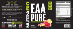 NutraBio EAA Pure glass with drink highlighting all-day recovery for muscles.