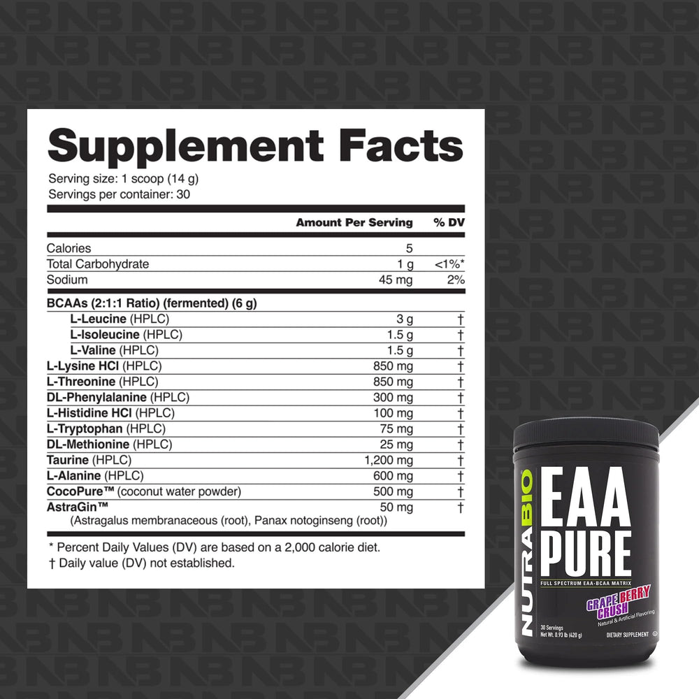 NutraBio EAA Pure powder being dispensed for easy amino acid intake.